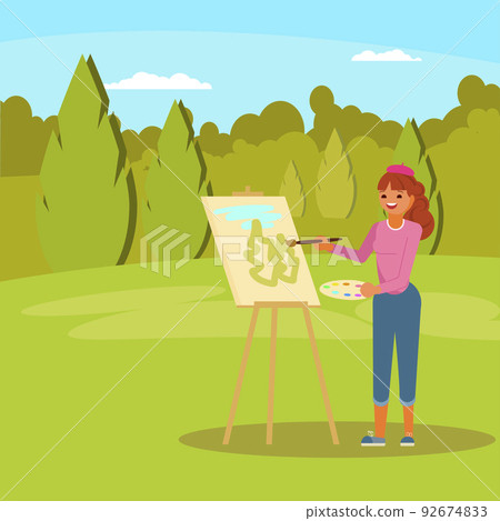 Woman painting green park vector flat illustration 92674833