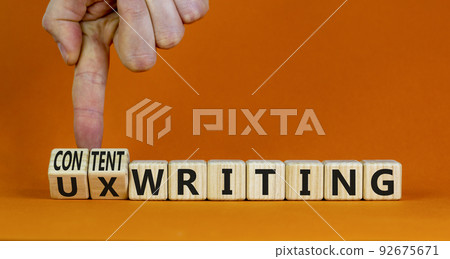 Content or UX writing symbol. Businessman turns cubes changes concept words content writing to UX writing. Orange background copy space. Business content or UX user experience writing concept. Content or UX writing symbol. Businessman turns cubes changes concept words content writing to UX writing. Orange background copy space. Business content or UX user experience writing concept. 92675671