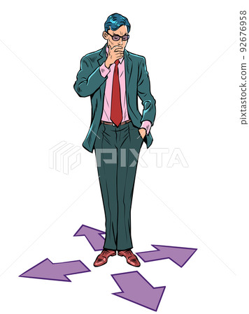 The avatar businessman is thinking where to go, right, left, forward or backward. Computer character 92676958