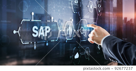 SAP Intelligent Robotic Process Automation. System Software Automation concept on futuristic virtual screen SAP Intelligent Robotic Process Automation. System Software Automation concept on futuristic virtual screen 92677237