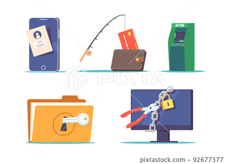 Set Cyber Crime. Computer Screen With Cutters Cut Padlock, Credit Card On Rod, Atm, Folder With Key, Smartphone 92677377