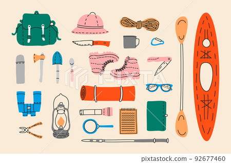 Hiking equipment accessories set. Binoculars, hiking shoes, travel bag, magnifying glass, rope, gaslamp, knife, kayak, notebook. 92677460