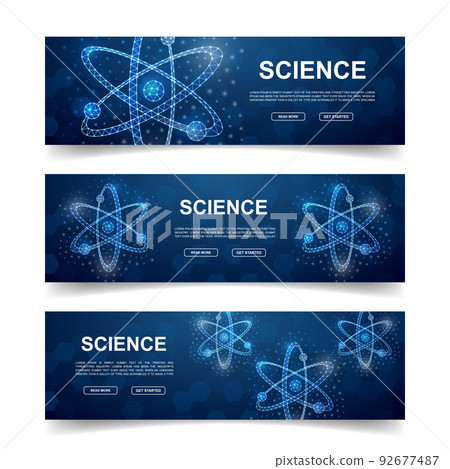 Set of three Atom horizontal banners. Horizontal illustration for homepage design, promo banner. Atomic neutron low poly symbols with connected dots 92677487