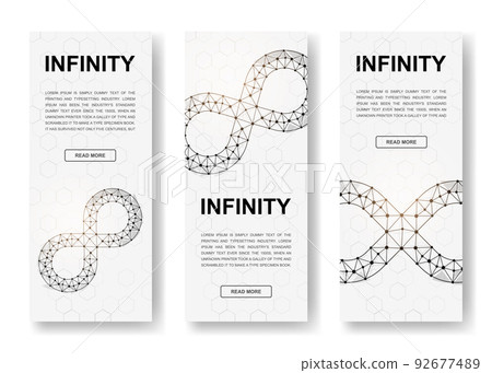 Set of three Infinity polygonal vertical banners. 3d Unlimited low poly symbols with connected dots. Vertical illustration for homepage design. 92677489