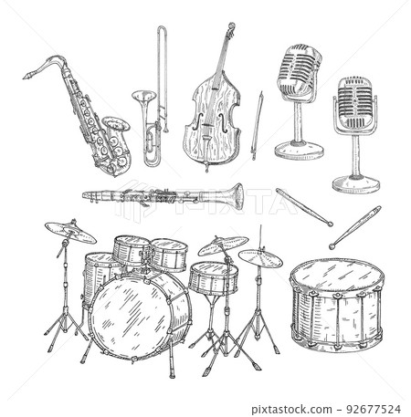 Drum kit set. Vintage black engraving illustration 92677524