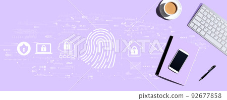 Fingerprint scanning theme with computer keyboard and office items Fingerprint scanning theme with computer keyboard and office items 92677858