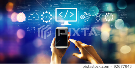 Web development concept with person using smartphone Web development concept with person using smartphone 92677943