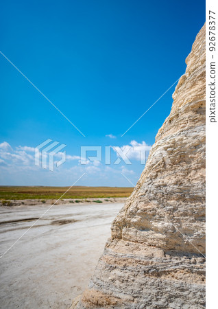 Monument Rocks in Grove County, Kansas. The chalk rock formation is a listed National Natural Landmark. 92678377
