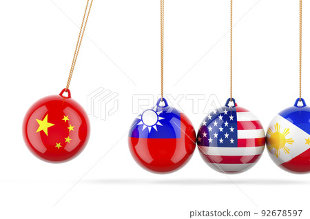 China, Taiwan, USA, Philippines conflict. Newtons cradle, pendulum. 3D rendering 92678597