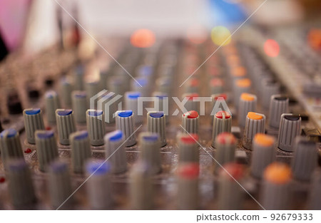 Audio control buttons Sound Control Hi Fi system The audio equipment, control panel of digital studio mixer. 92679333