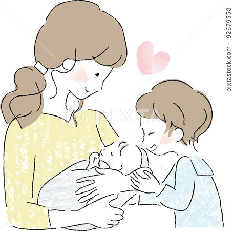 A mother holding a baby, a brother looking in, a parent and child 92679558