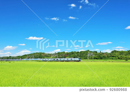 Chiba Prefecture Rapid train running through blue sky rice fields 92680988