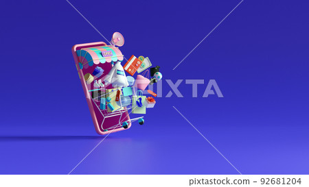 Shopping Online on Mobile phone Application Concept, Digital marketing promotion of digital stores, web and Advertising. 3D illustration.. 92681204