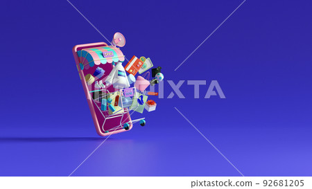 Shopping Online on Mobile phone Application Concept, Digital marketing promotion of digital stores, web and Advertising. 3D illustration.. 92681205