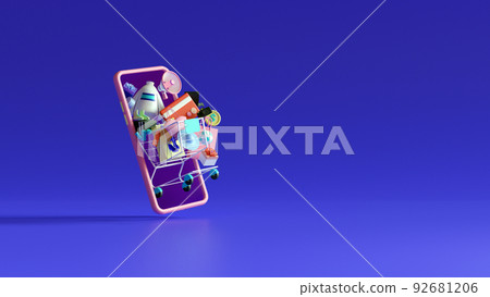 Shopping Online on Mobile phone Application Concept, Digital marketing promotion of digital stores, web and Advertising. 3D illustration.. 92681206
