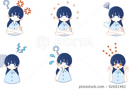 一組穿著襯衫的女孩各種面部表情的插圖 一組穿著襯衫的女孩各種面部表情的插圖 92681462