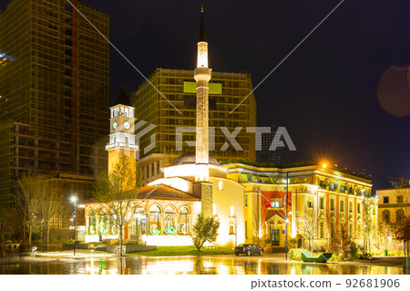 Ethem Bey Mosque at night on Skanderbeg Square. Tirana. Albania Ethem Bey Mosque at night on Skanderbeg Square. Tirana. Albania 92681906