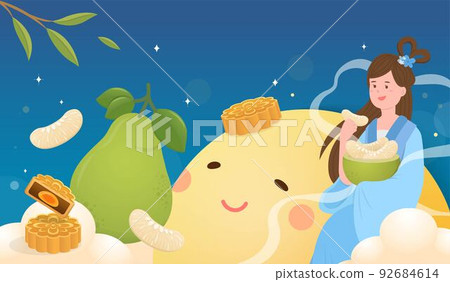 Beautiful chinese fairy with elements of mid-autumn festival, night and full moon 92684614