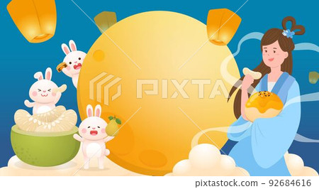 Asian festivals: mid-autumn festival, beautiful fairy and rabbit with pomelo and sky lantern and full moon, legends fairy or goddess Asian festivals: mid-autumn festival, beautiful fairy and rabbit with pomelo and sky lantern and full moon, legends fairy or goddess 92684616