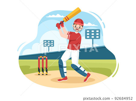 Batsman Playing Cricket Sports with Ball and Stick in Flat Cartoon Field Background Illustration Batsman Playing Cricket Sports with Ball and Stick in Flat Cartoon Field Background Illustration 92684952