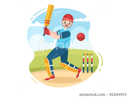 Batsman Playing Cricket Sports with Ball and Stick in Flat Cartoon Field Background Illustration Batsman Playing Cricket Sports with Ball and Stick in Flat Cartoon Field Background Illustration 92684955
