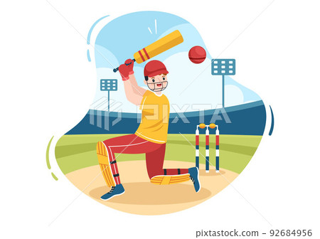 Batsman Playing Cricket Sports with Ball and Stick in Flat Cartoon Field Background Illustration 92684956