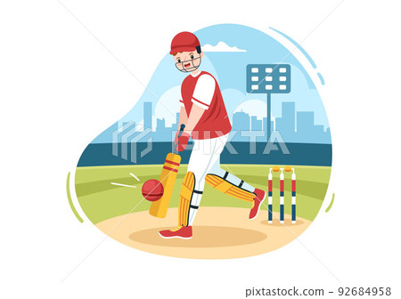 Batsman Playing Cricket Sports with Ball and Stick in Flat Cartoon Field Background Illustration Batsman Playing Cricket Sports with Ball and Stick in Flat Cartoon Field Background Illustration 92684958
