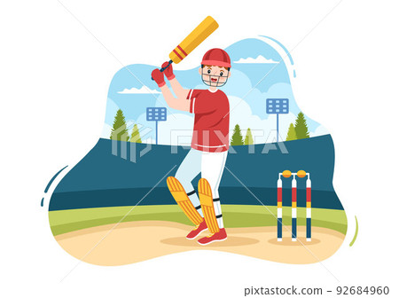 Batsman Playing Cricket Sports with Ball and Stick in Flat Cartoon Field Background Illustration Batsman Playing Cricket Sports with Ball and Stick in Flat Cartoon Field Background Illustration 92684960