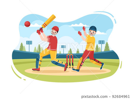 Batsman Playing Cricket Sports with Ball and Stick in Flat Cartoon Field Background Illustration Batsman Playing Cricket Sports with Ball and Stick in Flat Cartoon Field Background Illustration 92684961