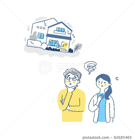 A man and woman with a troubled expression and a house destroyed by an earthquake 92685465