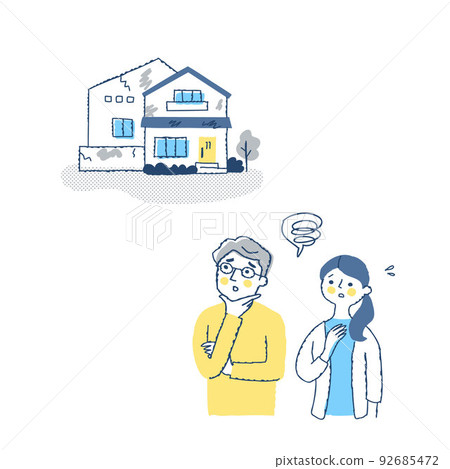 Men and women with troubled expressions and a dilapidated house 92685472