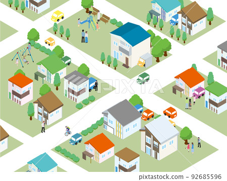 View of a town with people and houses and parks 92685596