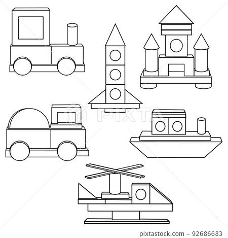 Construction of transport from wooden cubes, black outline, coloring, vector isolated illustration in flat style Construction of transport from wooden cubes, black outline, coloring, vector isolated illustration in flat style 92686683