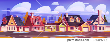 Suburban street with cottage houses at autumn day 92689213