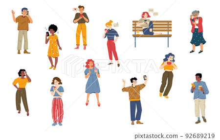 Men and women with phones use mobile services Men and women with phones use mobile services 92689219