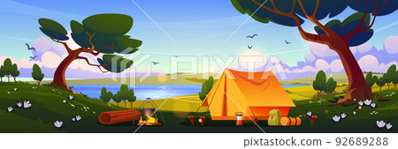 Camping tent with campfire and tourist equipment 92689288