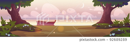Sunrise landscape wooden boat at shore, vector Sunrise landscape wooden boat at shore, vector 92689289