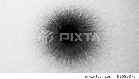 Black paint drop on white paper. Pencil dot stain. Frayed edge texture. Ink splash mark on rough grain abstract background with defocused motion blur. Black paint drop on white paper. Pencil dot stain. Frayed edge texture. Ink splash mark on rough grain abstract background with defocused motion blur. 92689875
