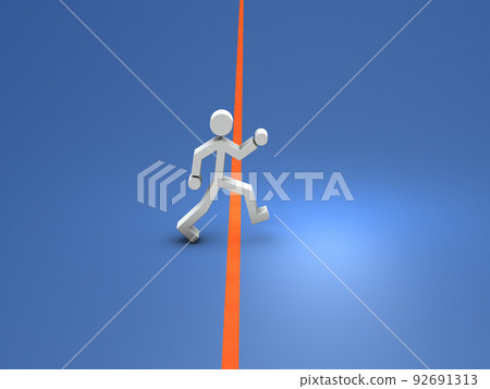 A character who crosses the red border and enters a new world. Abstract concept representing challenge and start. 92691313