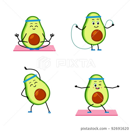 Cute strong Avocado character engaged in wellness exercises. Cartoon Avocado gym, health, fitness. Cute strong Avocado character engaged in wellness exercises. Cartoon Avocado gym, health, fitness. 92691620