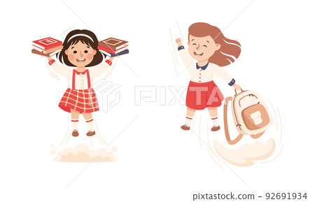 Superhero Girl at School Flying Forward Achieving Goal and Gaining Knowledge Vector Set 92691934