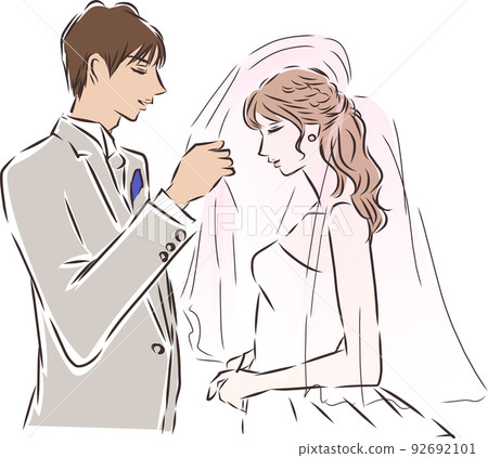婚禮儀式新郎舉起新娘的結婚面紗 92692101