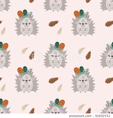 Seamless pattern, cute drawn hedgehogs with butterflies in doodle style and oak leaves. Children's print, textile, vector Seamless pattern, cute drawn hedgehogs with butterflies in doodle style and oak leaves. Children's print, textile, vector 92692432