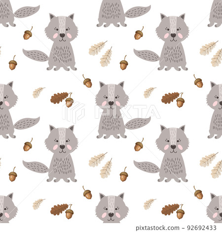 Seamless pattern, cute drawn wolf cubs in doodle style, oak leaves and acorns. Children's print, textile, vector Seamless pattern, cute drawn wolf cubs in doodle style, oak leaves and acorns. Children's print, textile, vector 92692433
