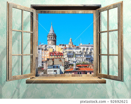 View of Istanbul, Galata tower and Bosphorus through window. City view room 92692621