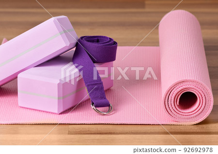 Yoga blocks, exercise mat and yoga belt for training. Yoga equipment. 92692978