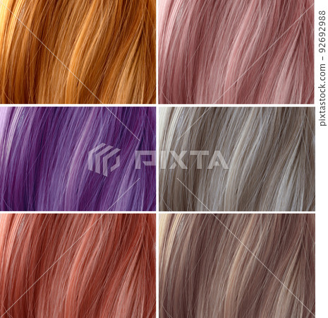 Colour swatches for hair dye. Hair colour palette with a variety of samples. 92692988