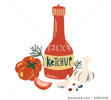 Ketchup bottle and ingredients: tomato, garlic and pepper. Healthy food. Vector hand draw illustration flat icon isolated on white. 92693489