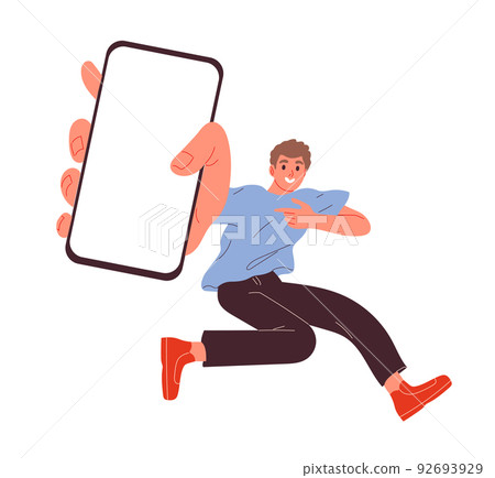 Man jumping with mobile phone, mobile app on white screen 92693929