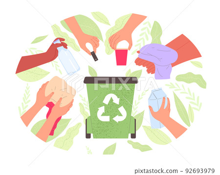 Hands put waste in recycling bin Hands put waste in recycling bin 92693979